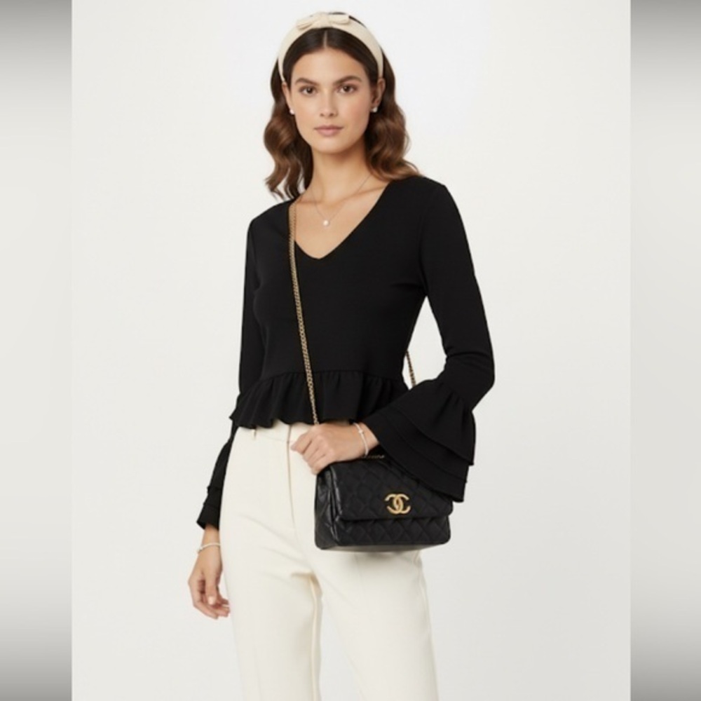New Ruffle Trim Black Long Sleeve Top